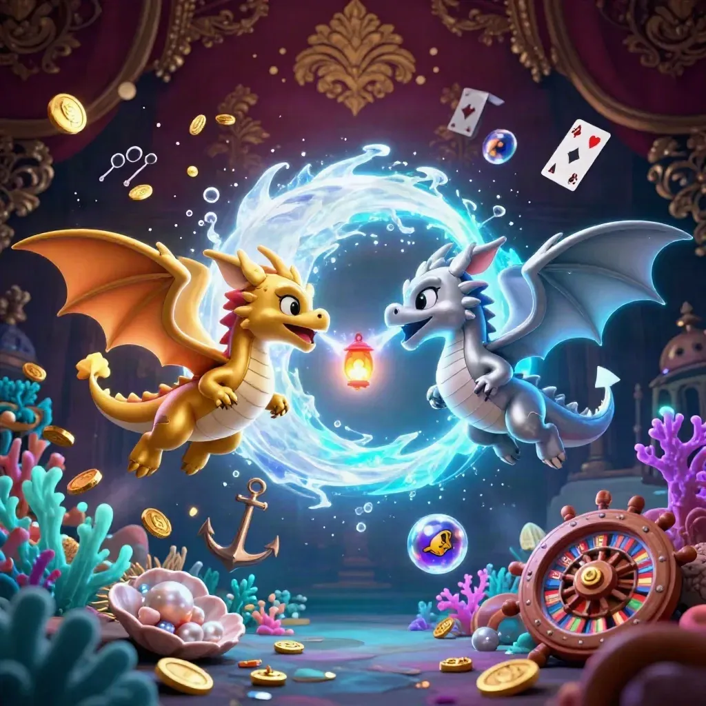 Twin gold and silver dragons spiral in an underwater treasure cove with coins, cards and a lantern spirit.
