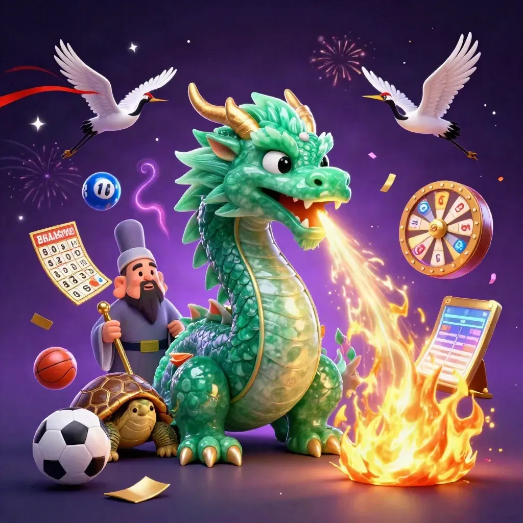 Emerald dragon, turtle sage and cranes amid casino game props and neon energy.