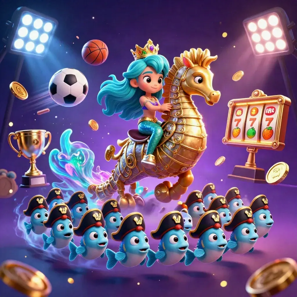 Mermaid princess on armored seahorse amid pirate fish, sports balls, treasure, reels, and neon magic.