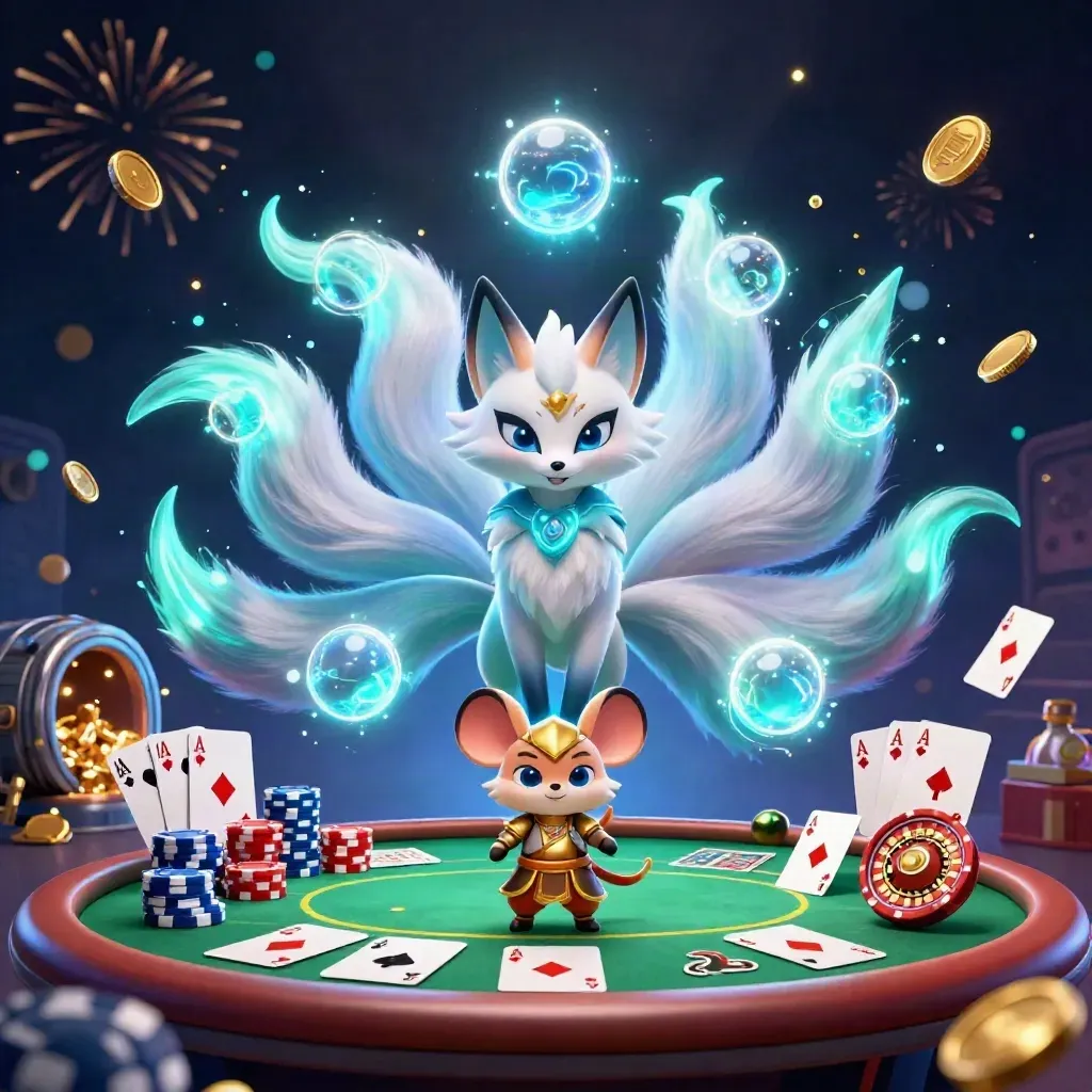 Neon fox spirit and golden samurai mouse amid poker chips, coins, fireworks, and treasure burst