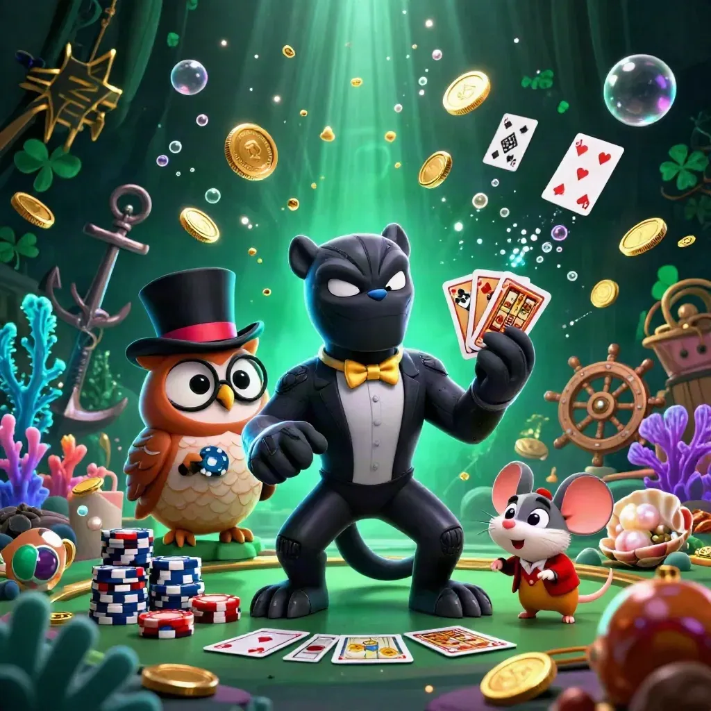 Panther, owl and mouse amid coin shower, treasure cove glow, cards, coral, fireworks