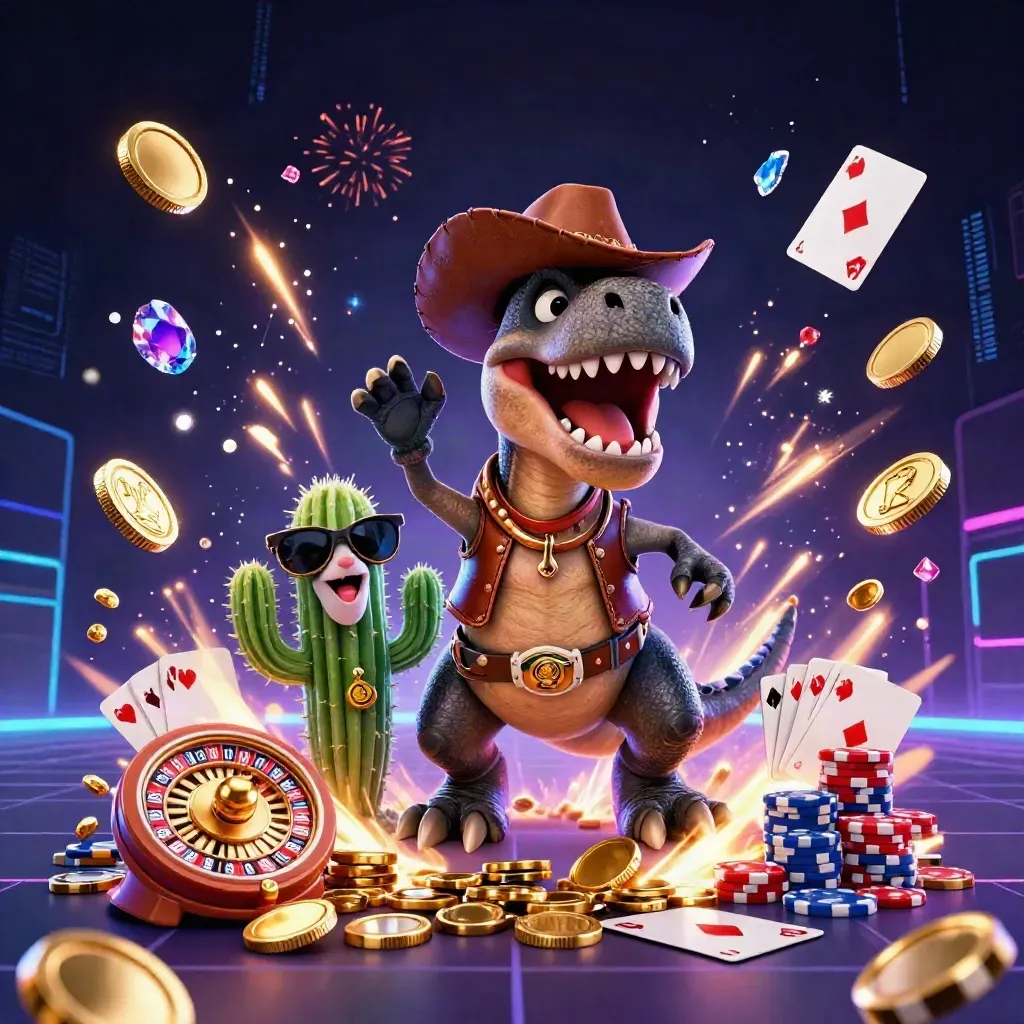 Cartoon cowboy T-Rex trio amid coins, chips, roulette, cards, and fireworks